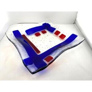 Vtg Terry Hart '02 Signed Fused Art Glass Curved Square Plate Dish 8.5" Blue Red